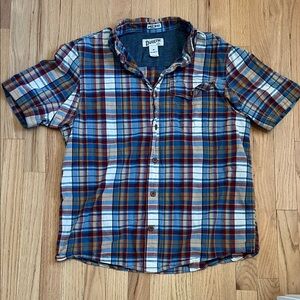 Duluth Trading Co Short-Sleeve Plaid Button-Down — Blue, Brown, White